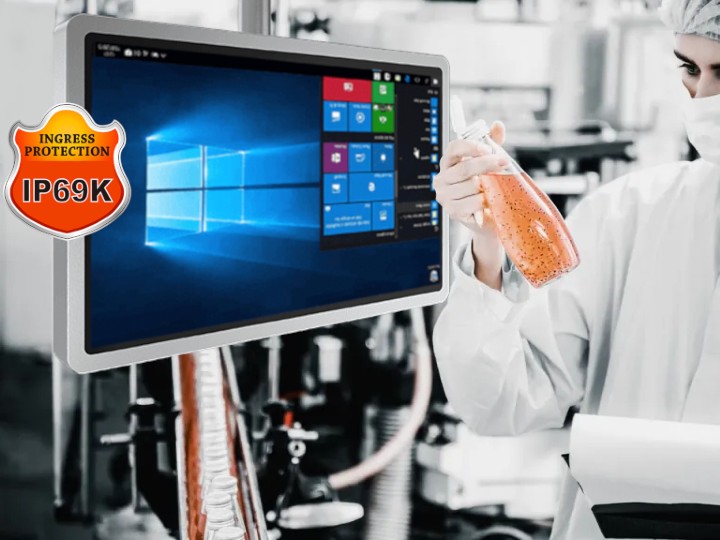 Industrial Panel PC - grå ram, skärm med blå ikoner, vattentålig, för food industry